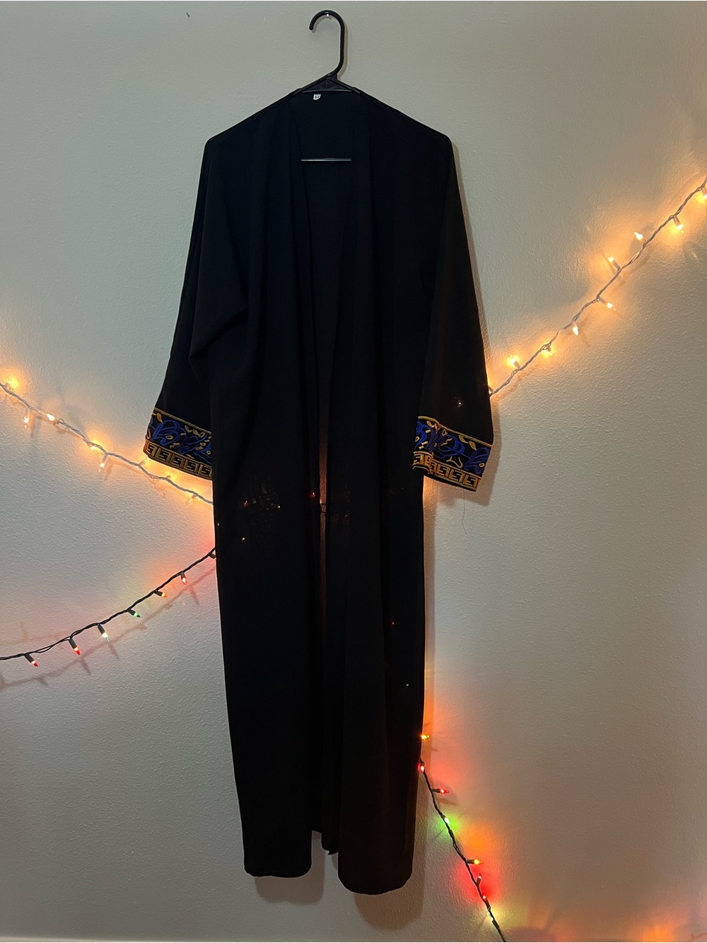 Black Long Open-Front Women's Coat with Embroidered Cuffs